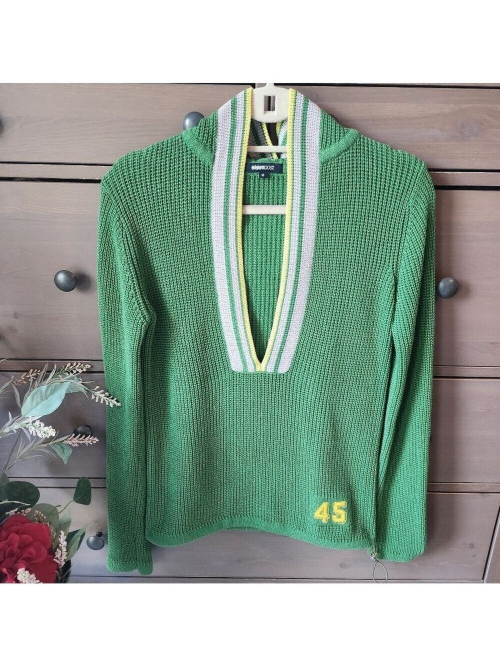 Green Knit Sweater with a Deep Striped V-neck And Hood